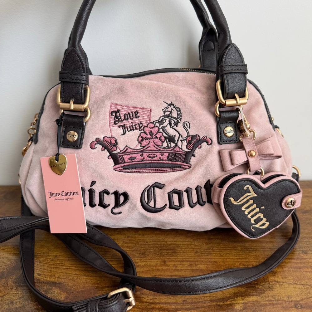 New Juicy Couture Juicy Crown Pink Brown Satchel Crossbody Handbag Y2K Charm